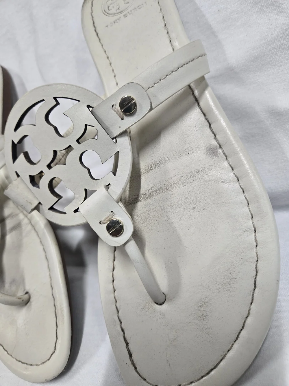 Tory Burch White Logo Cutout Thong Sandals